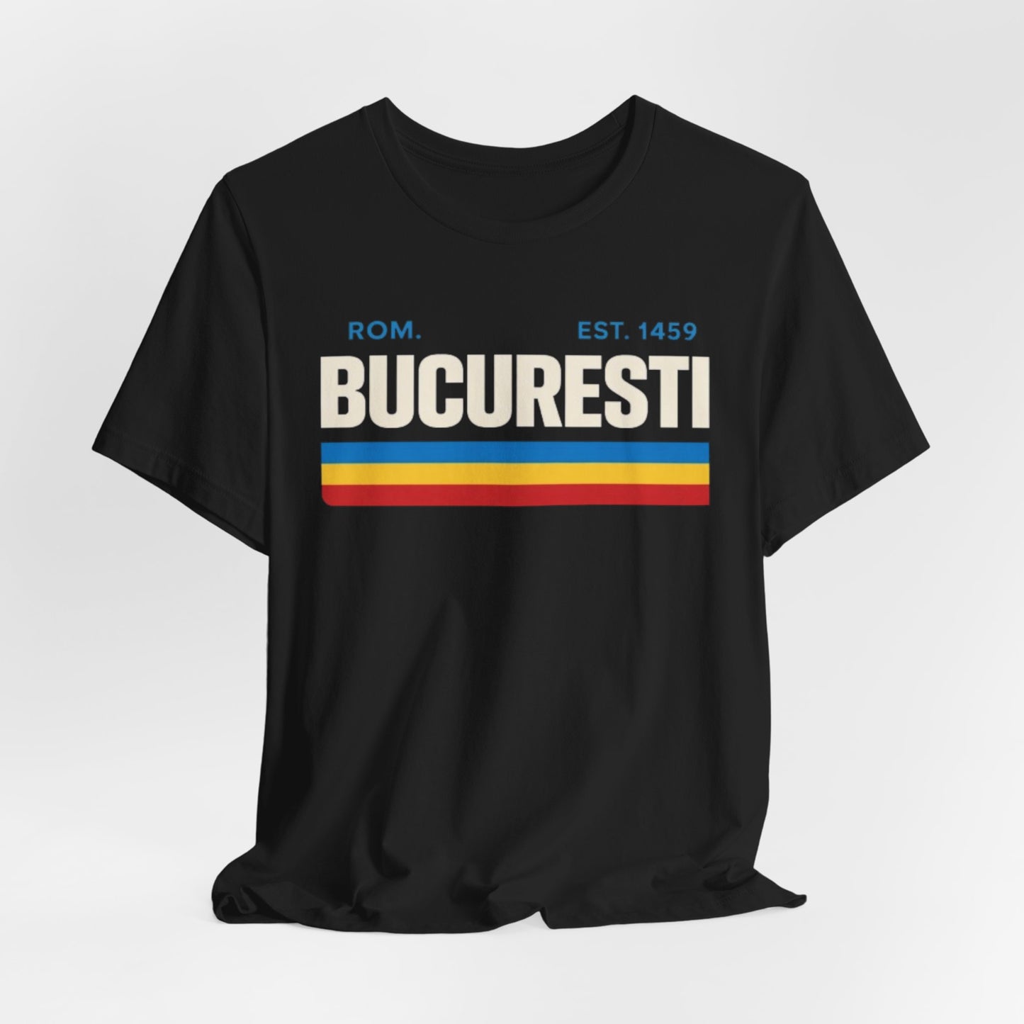 Black Tricou retro cu dungi București — grafic vintage cu orașe din România