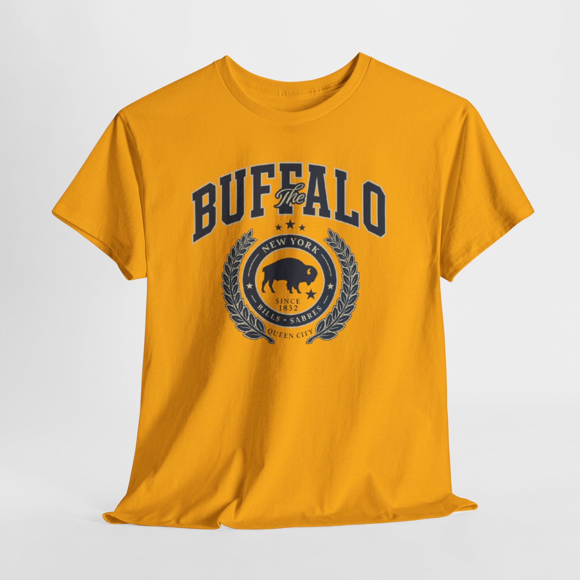 Yellow t-shirt with 'Buffalo The Queen City' text and graphic on a white background