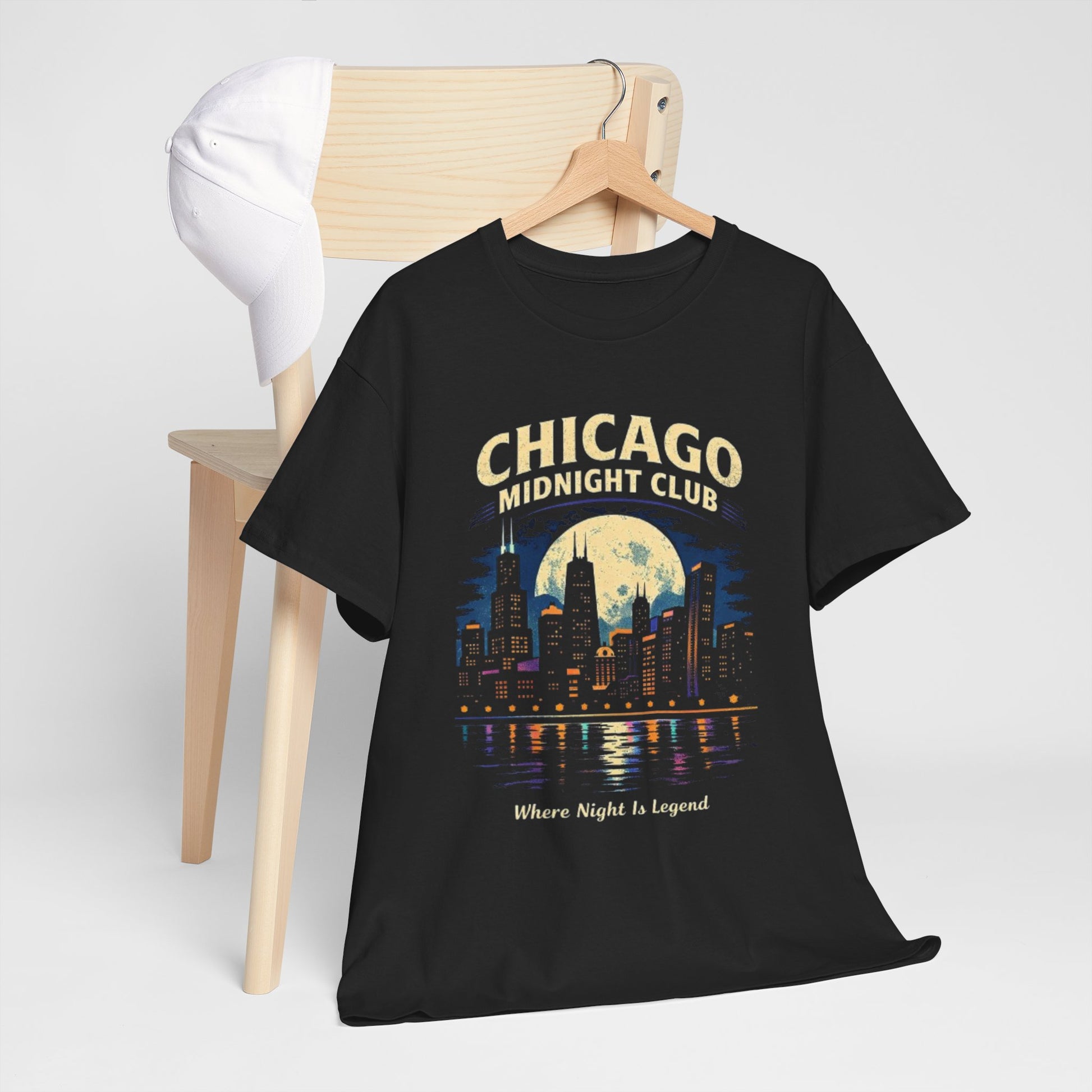 Dark Slate Gray Chicago Midnight Club T‑Shirt – Retro City Skyline "Where Night Is Legend"