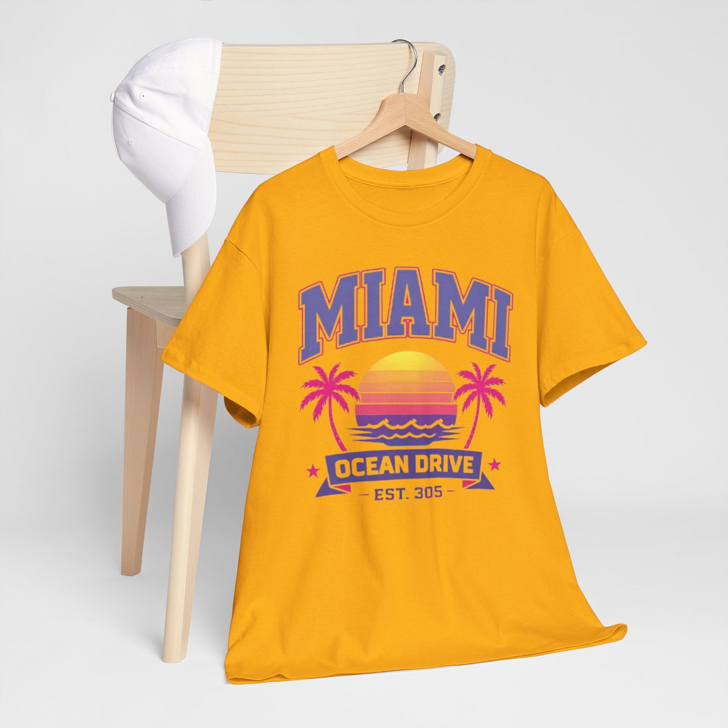 Goldenrod Miami Ocean Drive Est. 305 Graphic T-Shirt – Retro Sunset Beach Streetwear Tee