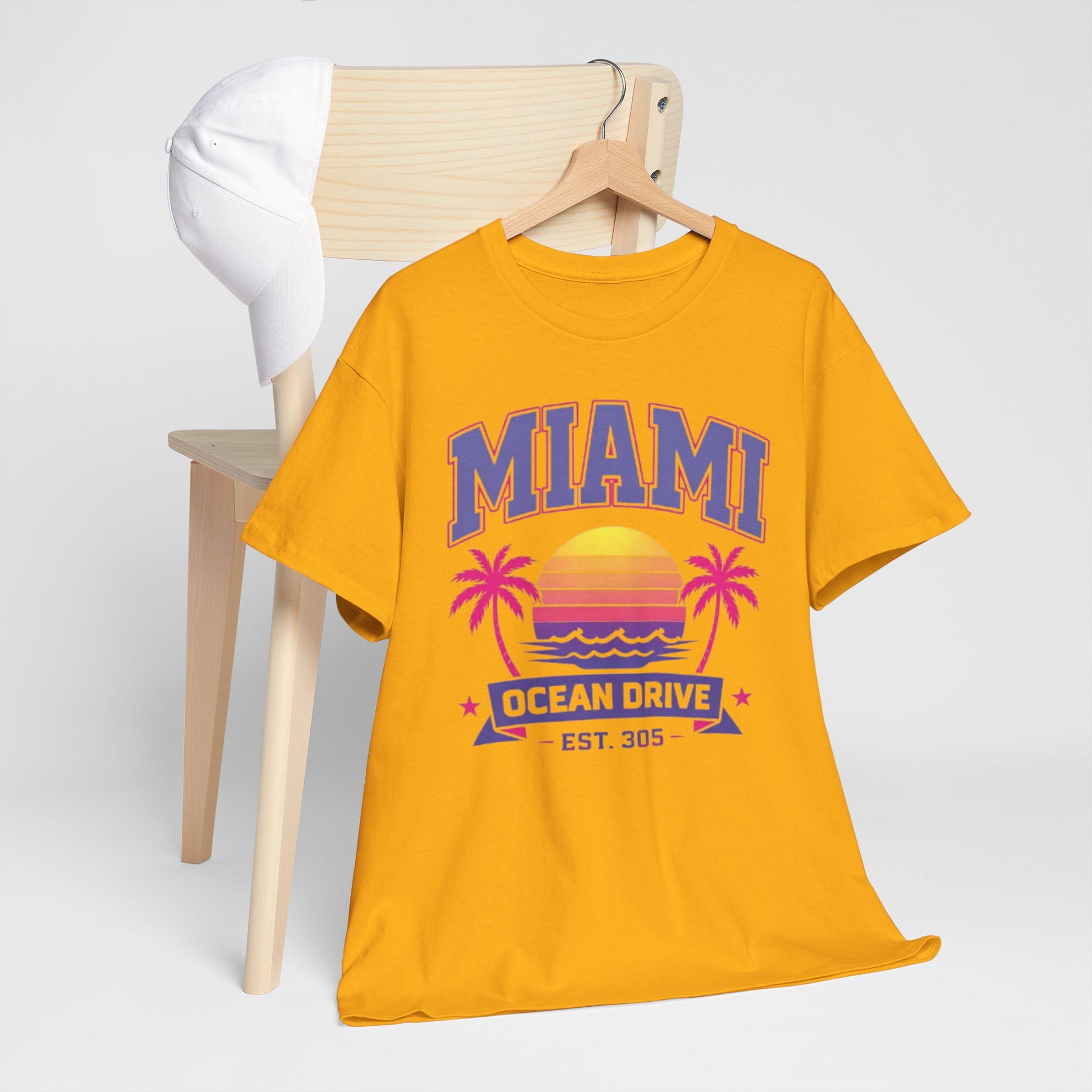 Goldenrod Miami Ocean Drive Est. 305 Graphic T-Shirt – Retro Sunset Beach Streetwear Tee