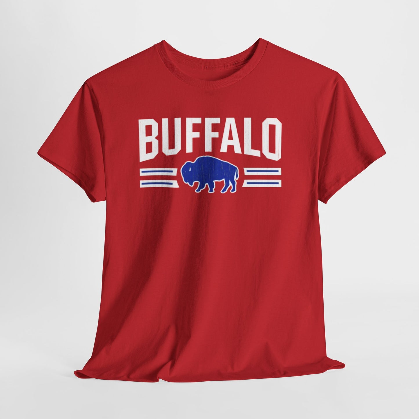 Red t-shirt with 'BUFFALO' and a buffalo graphic on a white background