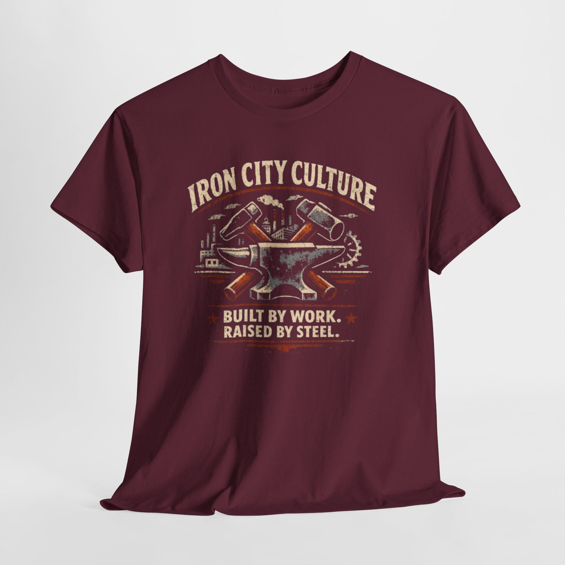 Dark Slate Gray Iron City Culture Built by Work Raised by Steel T-Shirt – Industrial Worker Vintage Graphic Tee