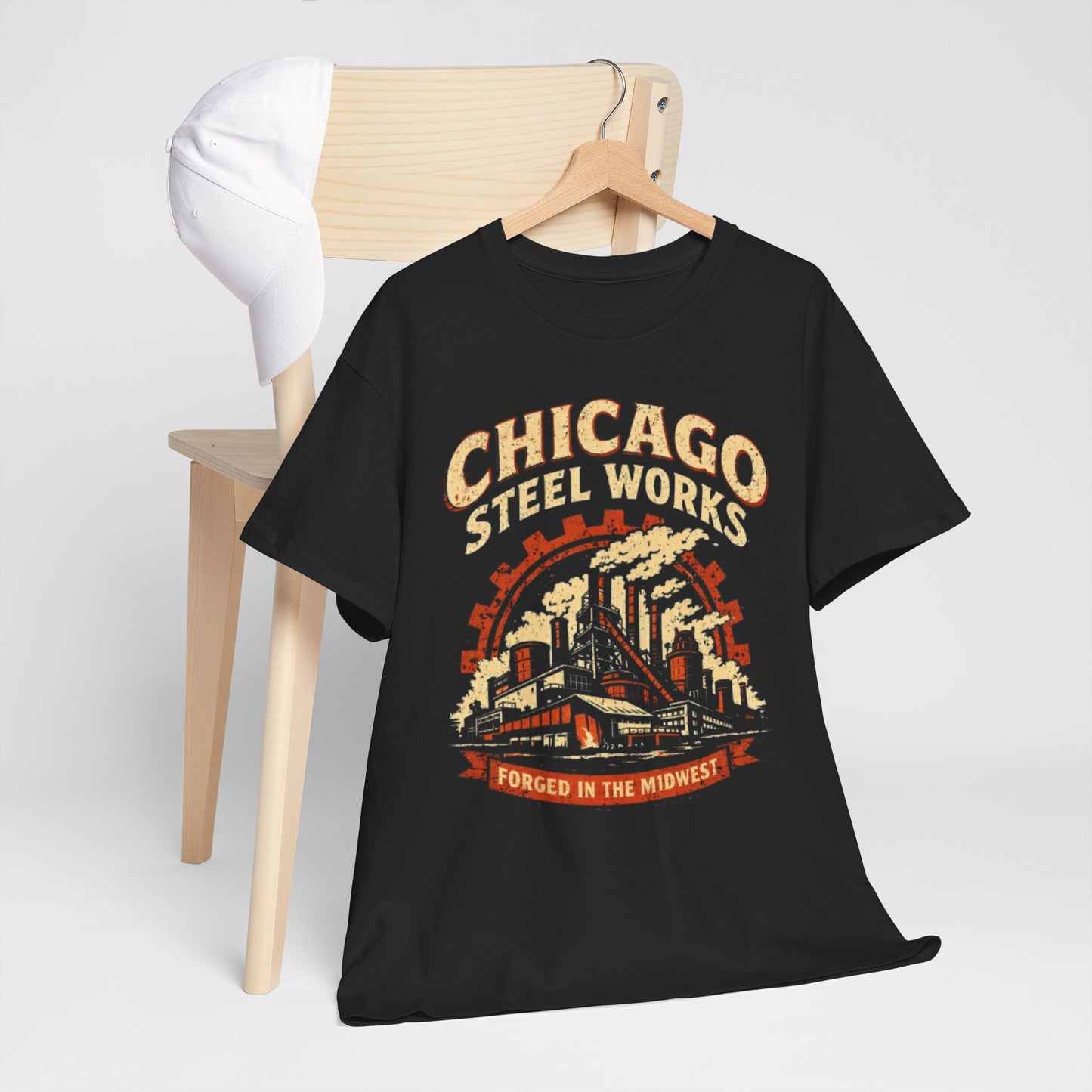 Lavender Chicago Steel Works Tee — "Forged in the Midwest" Vintage Industrial T-Shirt
