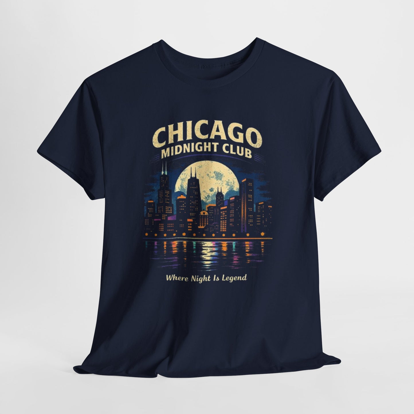 Chicago Midnight Club T‑Shirt – Retro City Skyline "Where Night Is Legend" – nfl fan apparel, football shirt, image 1.0