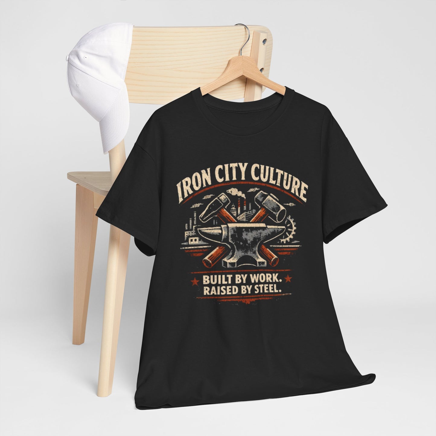 Dark Slate Gray Iron City Culture Built by Work Raised by Steel T-Shirt – Industrial Worker Vintage Graphic Tee