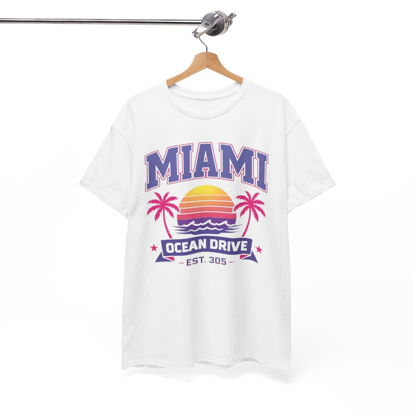 White Smoke Miami Ocean Drive Est. 305 Graphic T-Shirt – Retro Sunset Beach Streetwear Tee
