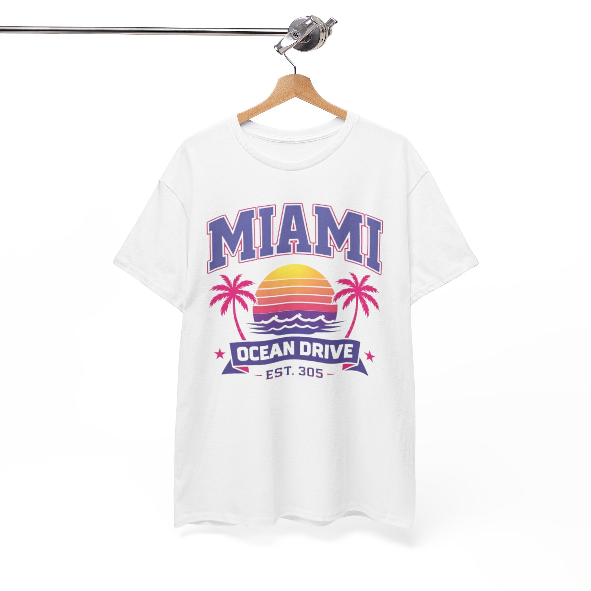 White Smoke Miami Ocean Drive Est. 305 Graphic T-Shirt – Retro Sunset Beach Streetwear Tee