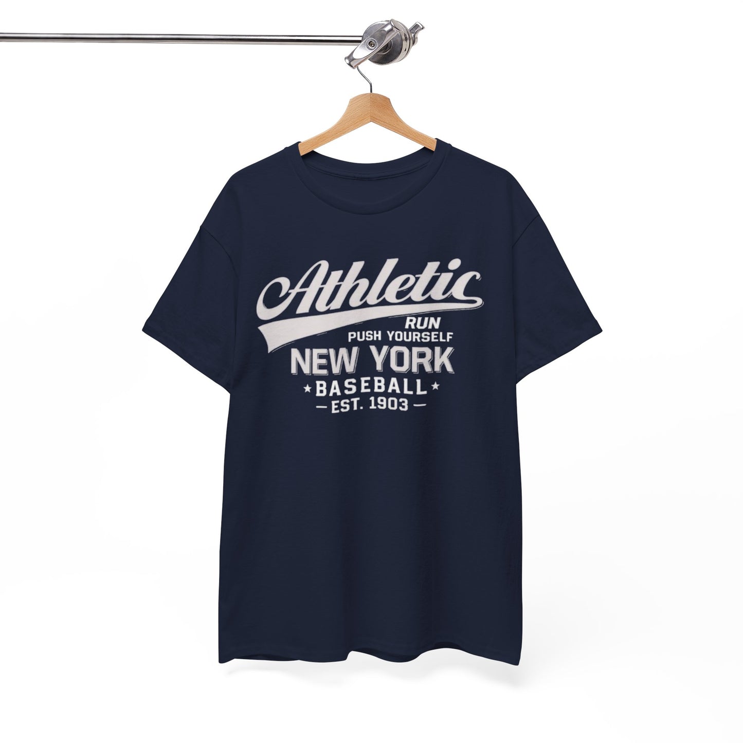 Navy blue t-shirt with white text on a hanger against a white background