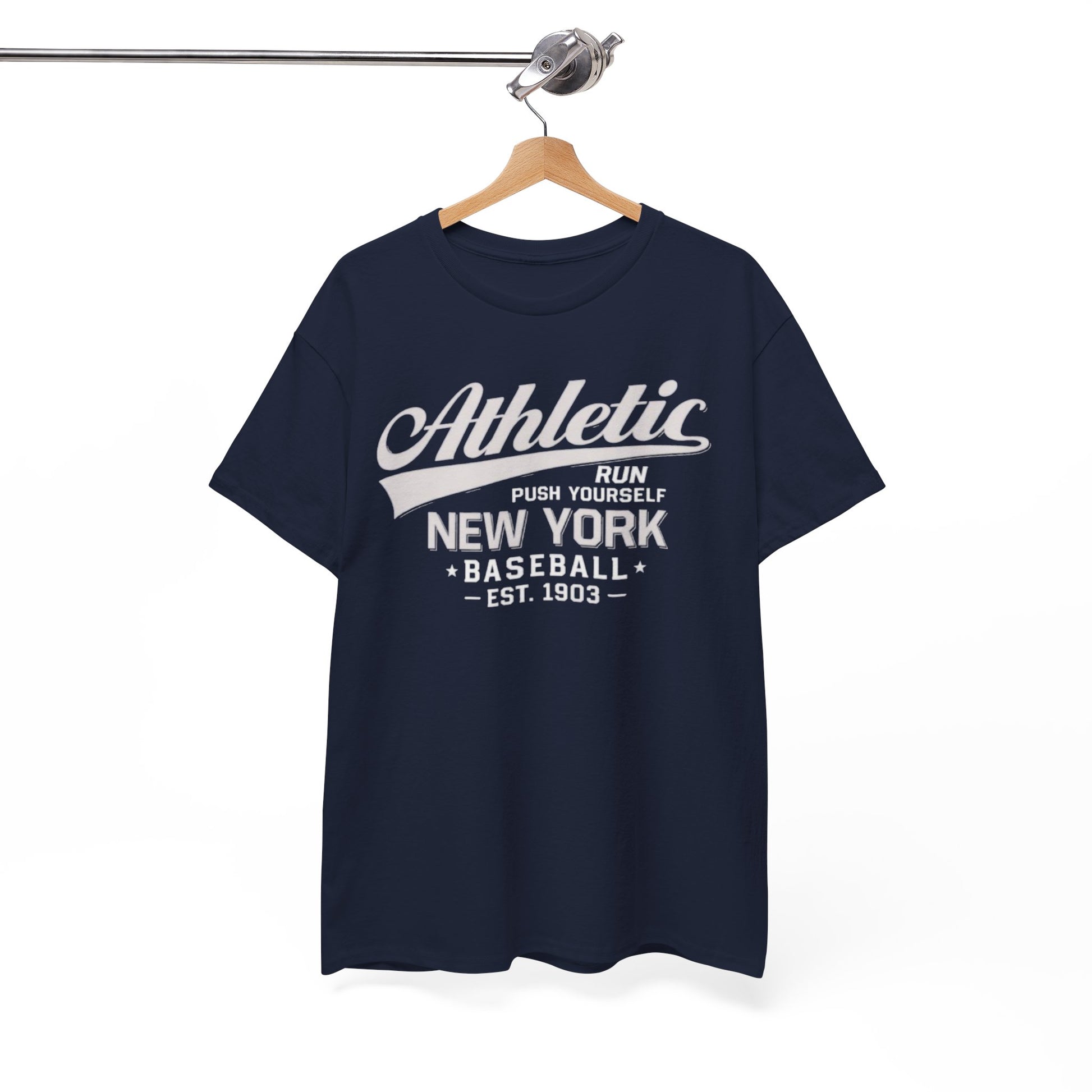 Navy blue t-shirt with white text on a hanger against a white background
