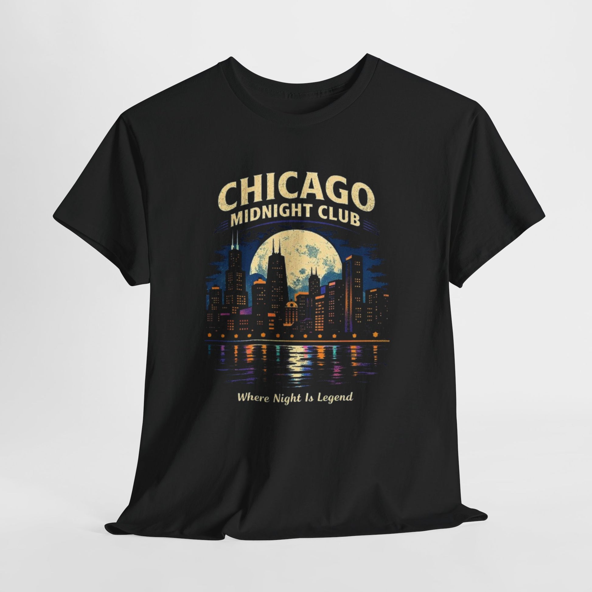 Dark Slate Gray Chicago Midnight Club T‑Shirt – Retro City Skyline "Where Night Is Legend"