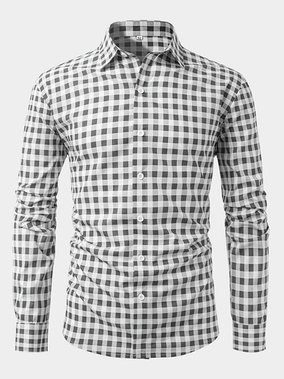 Gray 1pc Printed Plaid Long-sleeve Shirt with Lapel and Button-up Cardigan Style Casual Shirt
