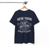 Navy blue t-shirt with white text and graphics on a hanger against a white background