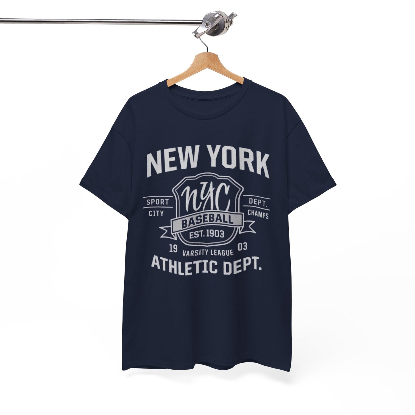 Navy blue t-shirt with white text and graphics on a hanger against a white background