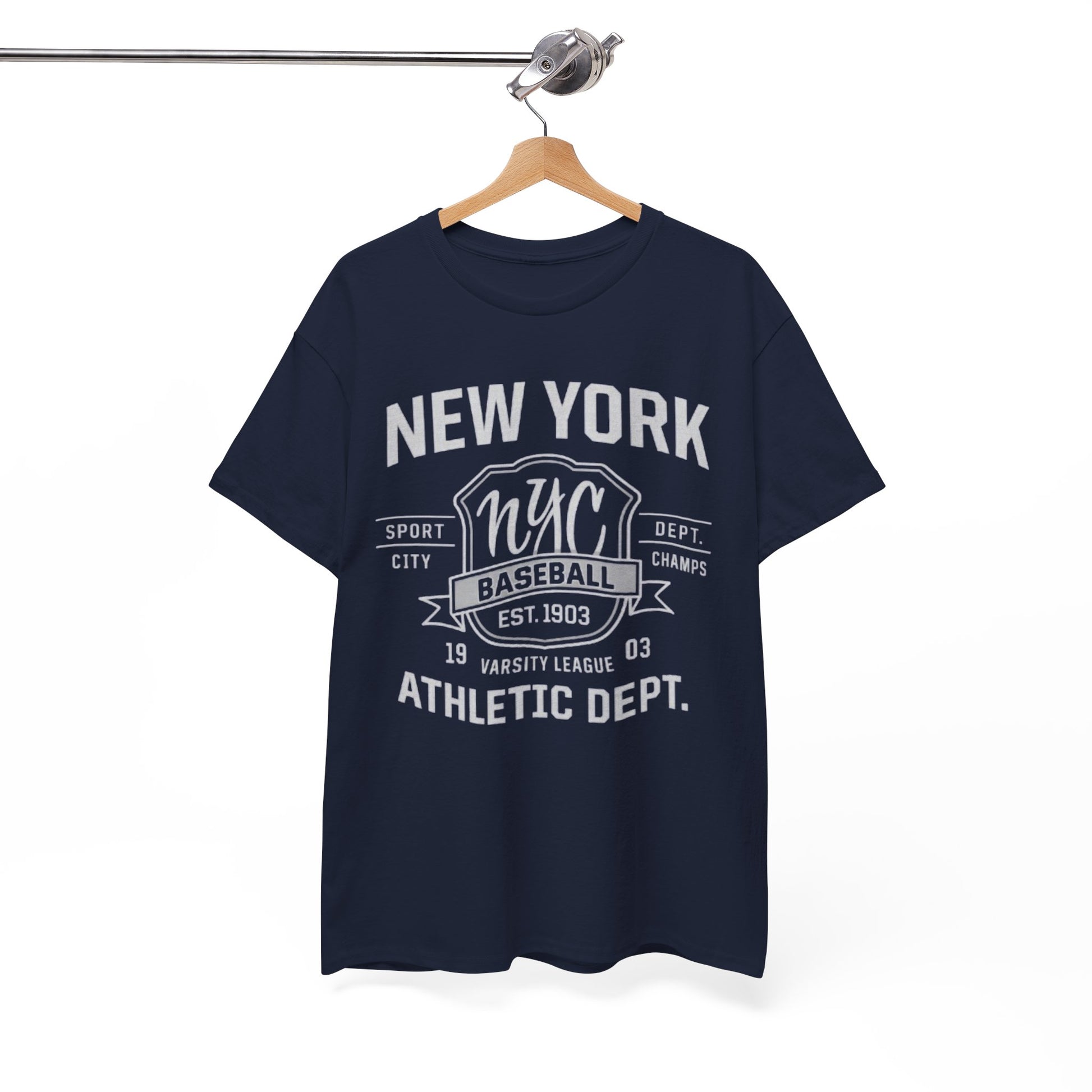 Navy blue t-shirt with white text and graphics on a hanger against a white background