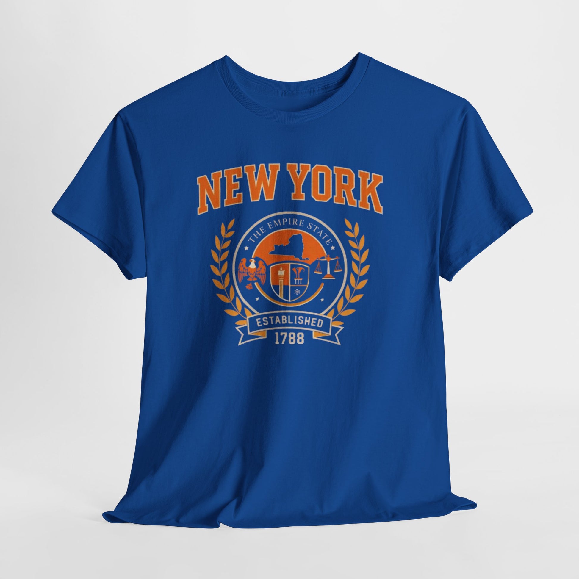 Dark Slate Blue New York Empire State Vintage Tee — Established 1788 City Skyline Shirt worn-in college style t-shirt