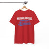 Red t-shirt with 'Minneapolis Minnesota It's the Northside' text on a hanger against a white background