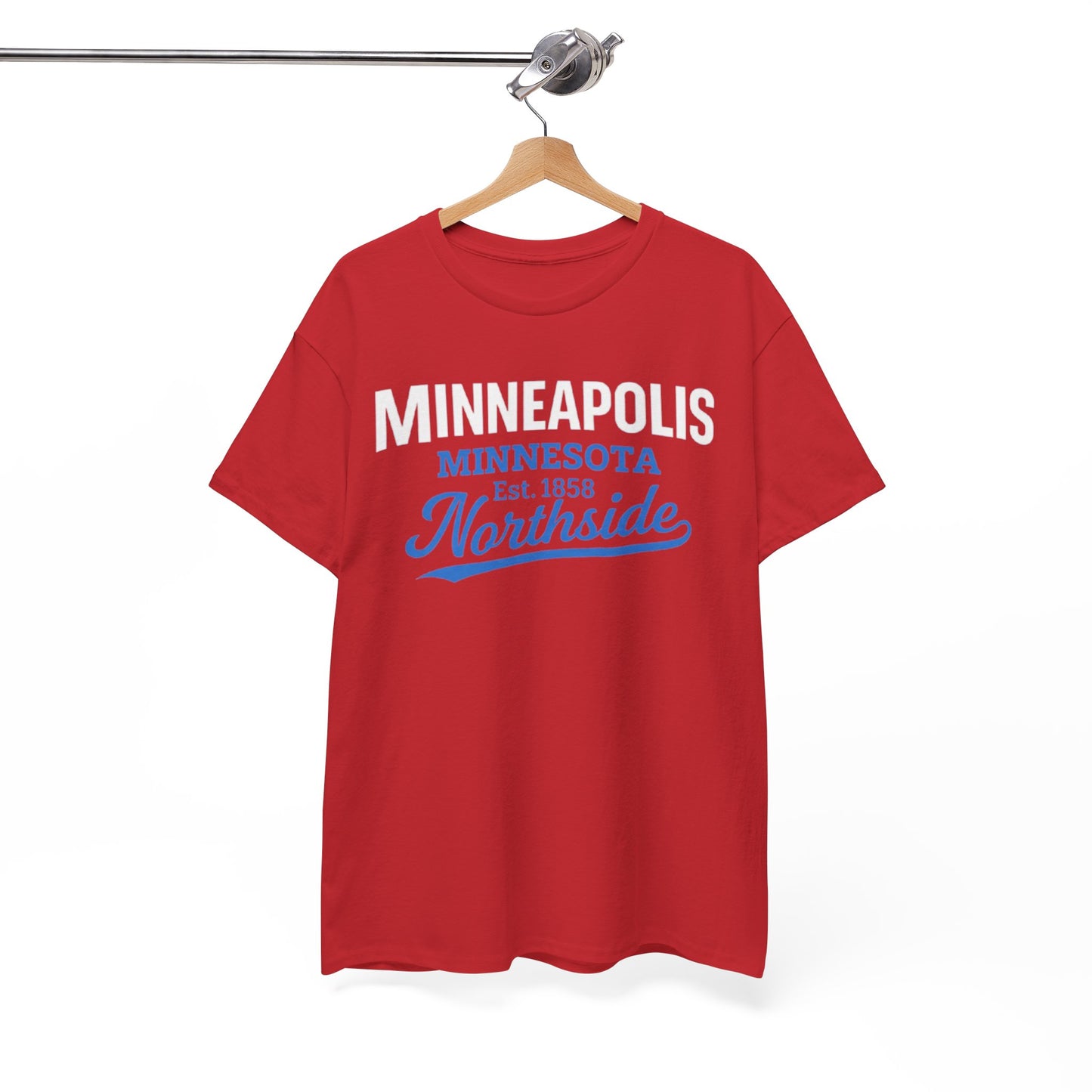 Red t-shirt with 'Minneapolis Minnesota It's the Northside' text on a hanger against a white background