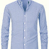 Light Steel Blue Men's Slim Fit Long Sleeve Shirt - Black & White Classic Plaid Pattern, Business Casual Button-Up Shirt, Machine Washable Summer Office & Formal Wear, Business Casual Wear | Collared Shirt | Stylish Checkered Pattern