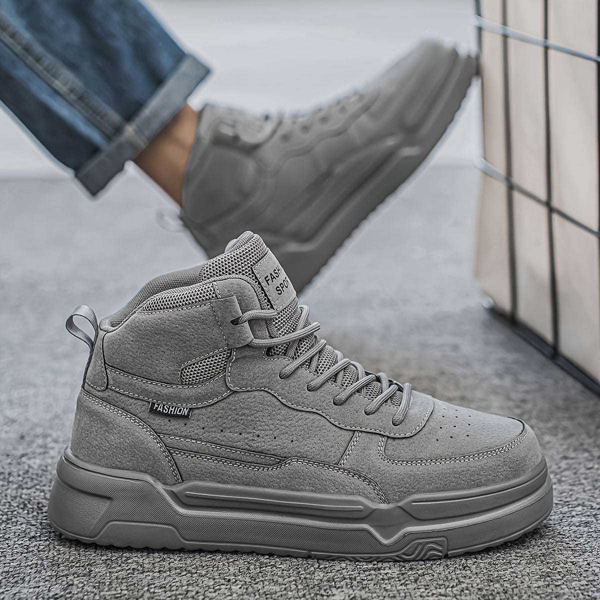 Men'S High-Top Fashion Sneakers, Casual Sports Street Style, Solid Color with Graphic Detail, All-Season Lace-Up Running Shoes, PU & Fabric Upper, EVA Sole, Round Toe, for Daily Wear