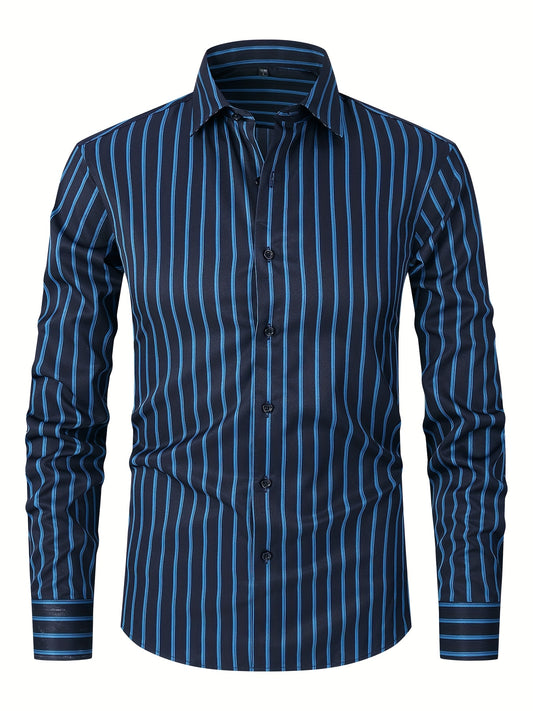 A Men'S Casual Light Business Striped Long-Sleeve Shirt - Tailored Fit with Wrinkle-Resistant Fabric, Suitable for All Seasons - Perfect for Business Commuting, Casual Gatherings, And Dates - Can Be Given As a Gift