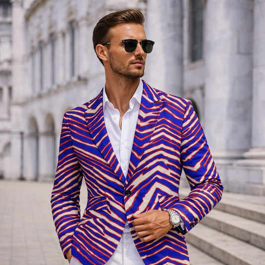 Buffalo Zebra Retro Game Day Blazer – Football Statement Jacket (Red Blue White)