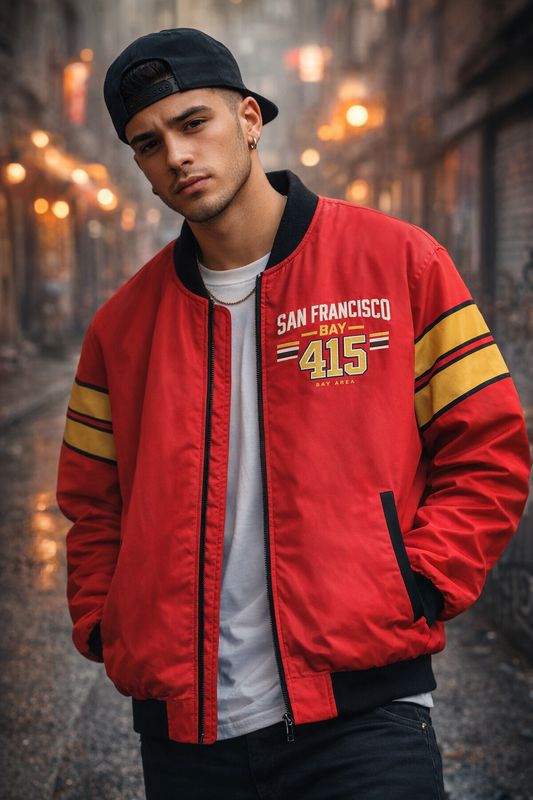 San Francisco Bay 415 Red Football Style Bomber Jacket – Game Day Urban Streetwear