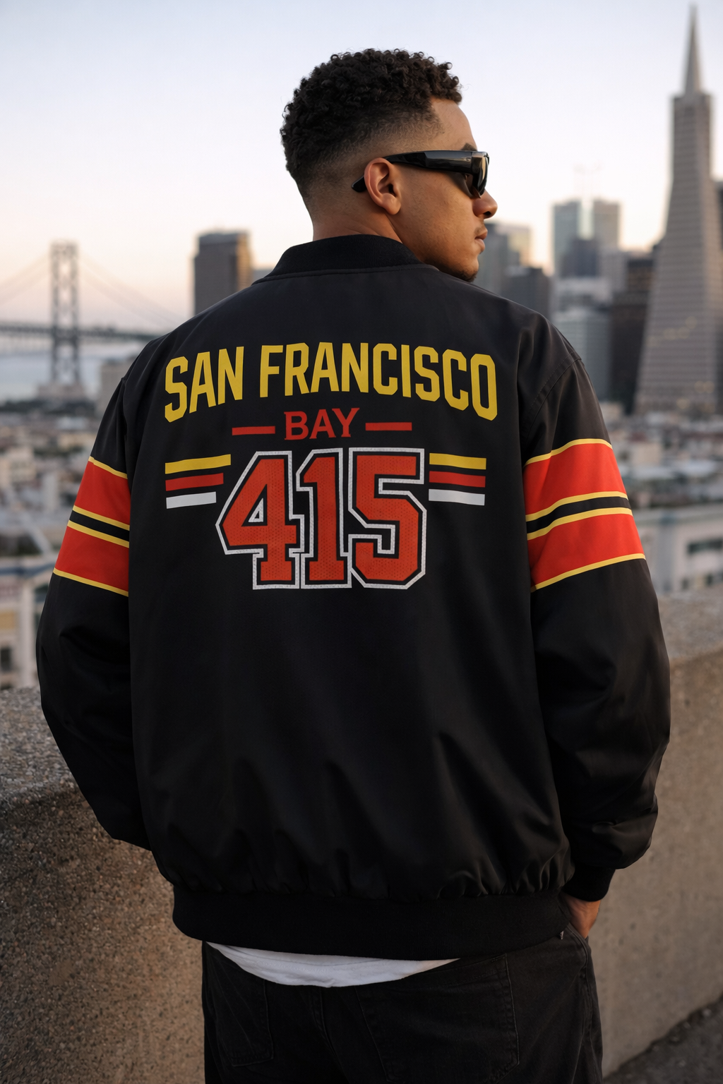 San Francisco Bay 415 Black Football Style Bomber Jacket – Game Day Streetwear