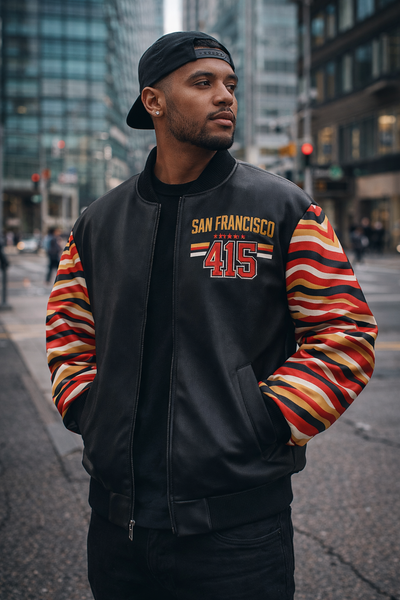 Black San Francisco Bay 415 Black Football Style Bomber Jacket – Zebra Game Day Edition