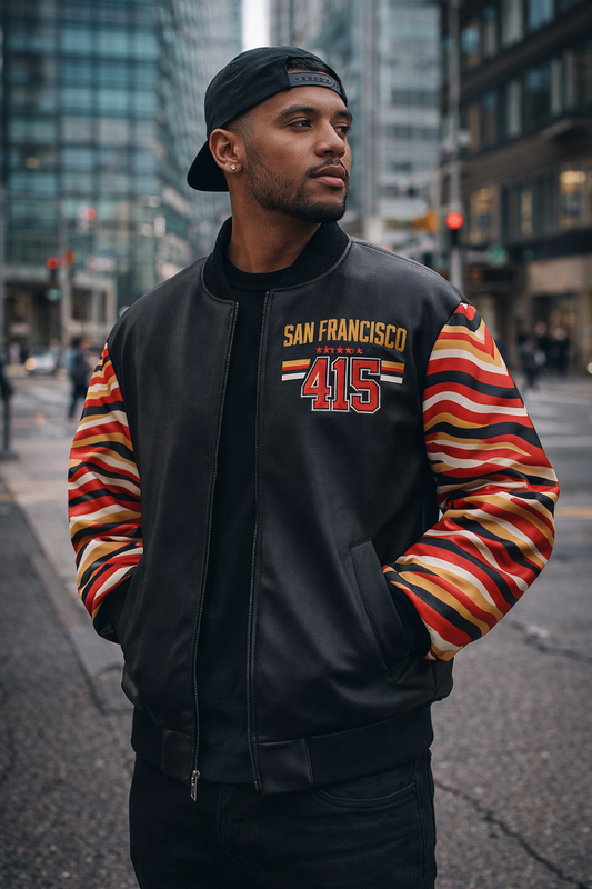 San Francisco Bay 415 Black Football Style Bomber Jacket – Zebra Game Day Edition