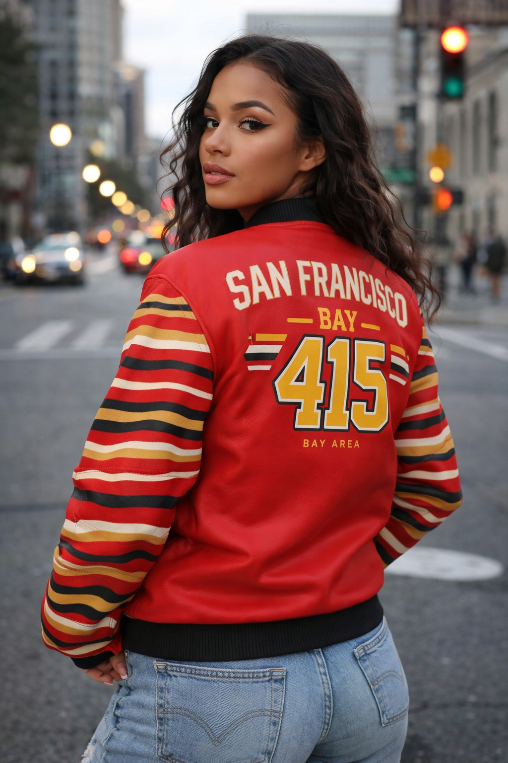 San Francisco Bay 415 football Varsity Bomber Jacket – Red Urban Streetwear Style