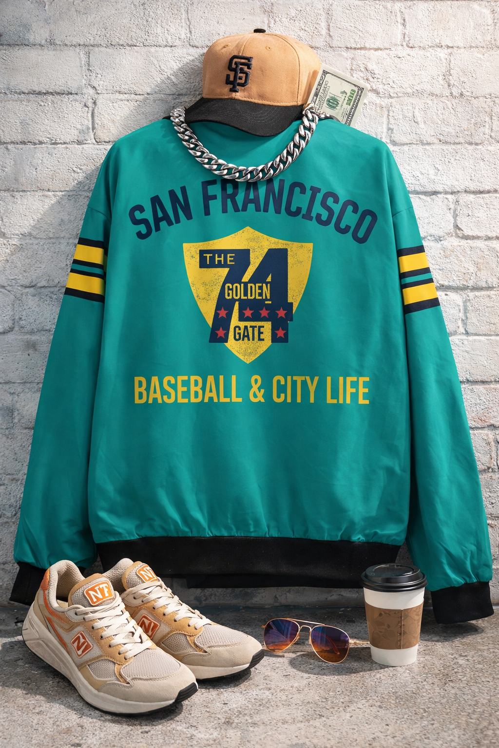 Teal sweatshirt with 'San Francisco' text, sneakers, coffee cup, and sunglasses on a textured surface.