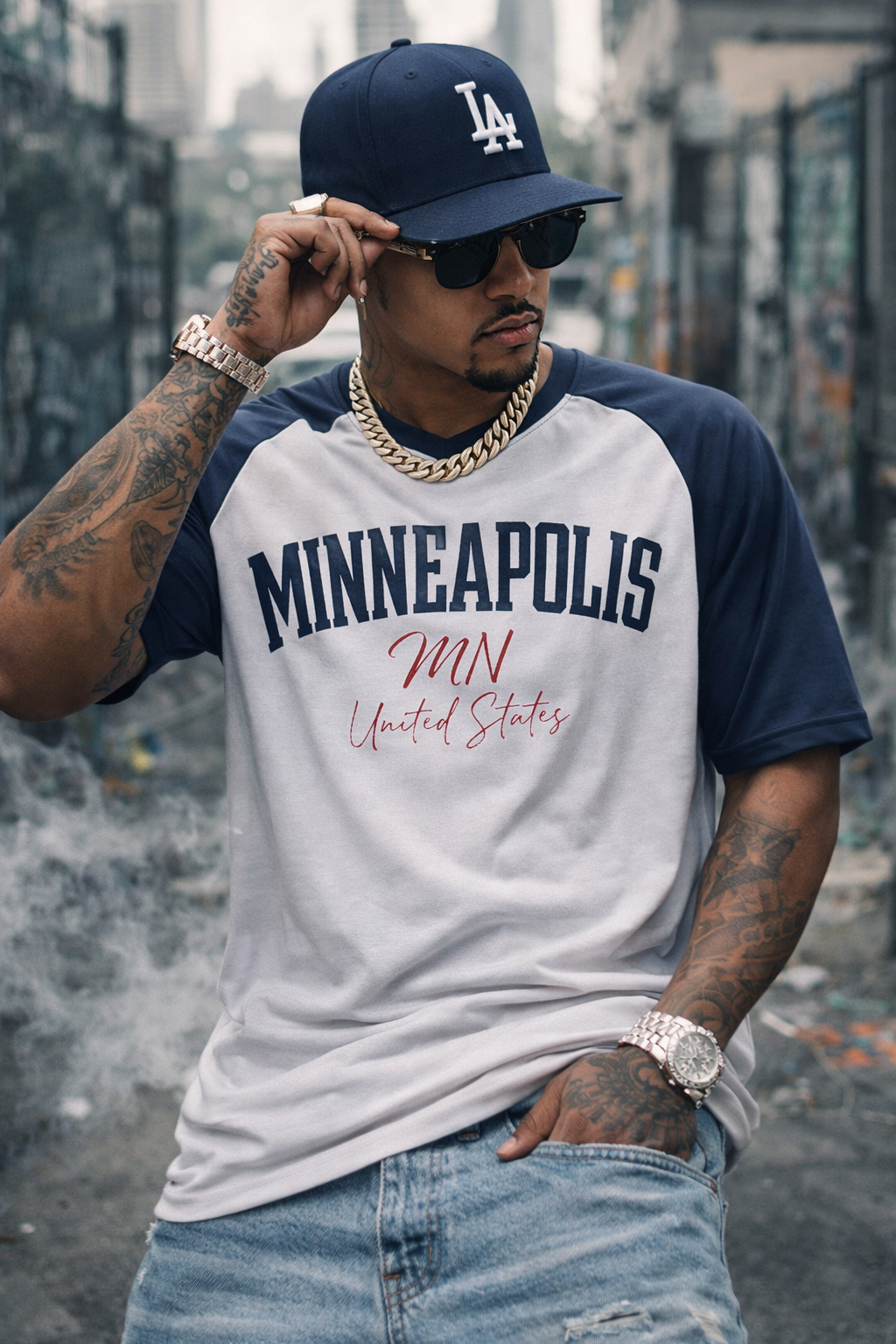 Gray Minneapolis MN United States V-Neck Raglan T-Shirt – Grey and Navy Vintage Athletic Minneapolis Shir