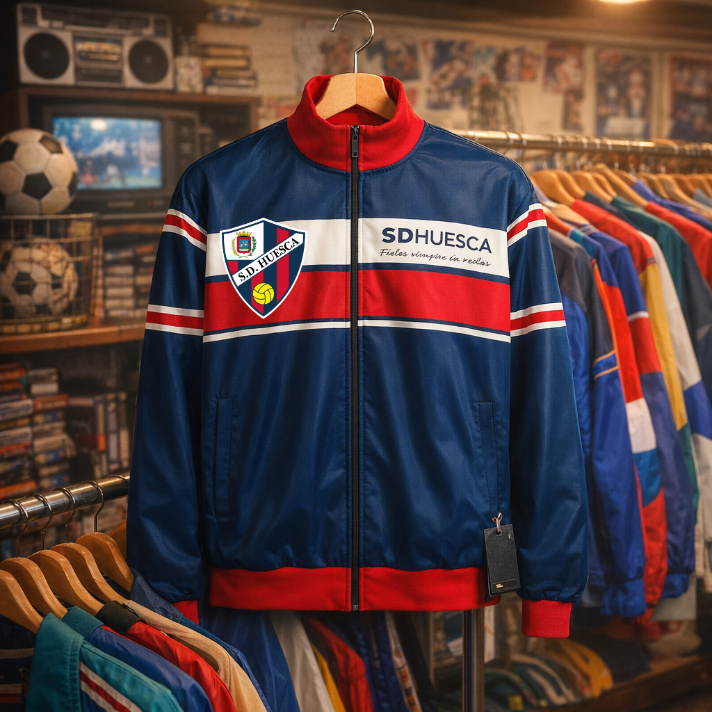 Black Chaqueta deportiva SD Huesca retro azul y roja – chaqueta fútbol estilo 90s fan Huesca