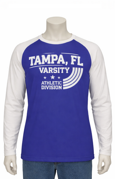 Dark Slate Blue Tampa FL Varsity Royal Blue and White Long Sleeve Shirt Men Athletic Raglan Tee