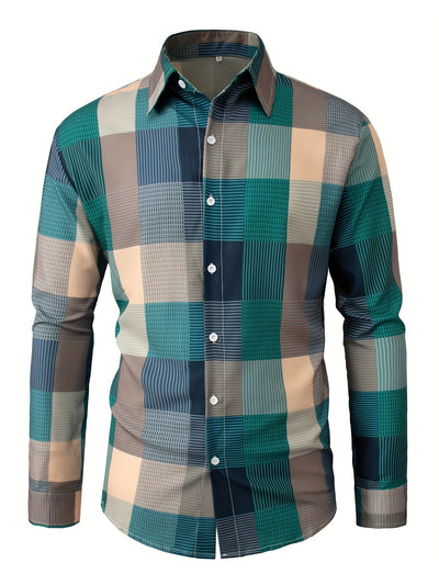 White Smoke Men'S Casual Lapel Collar Shirt | Loose Fit, Long Sleeve, Plaid Pattern, Single Breasted, Non-Stretch Fabric, Ideal for Daily and Semi-Formal Wear, Hand Washable
