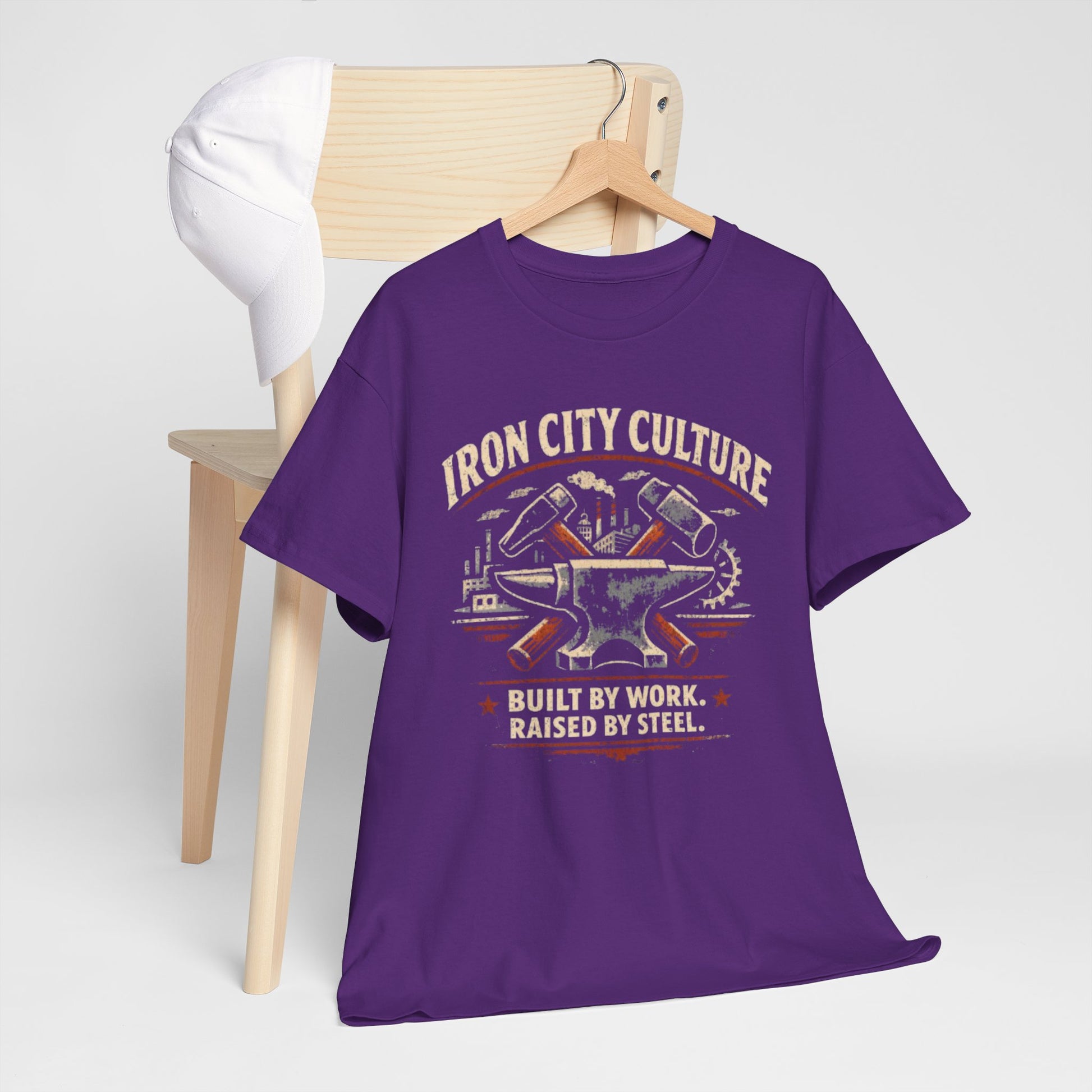Lavender Iron City Culture Built by Work Raised by Steel T-Shirt – Industrial Worker Vintage Graphic Tee