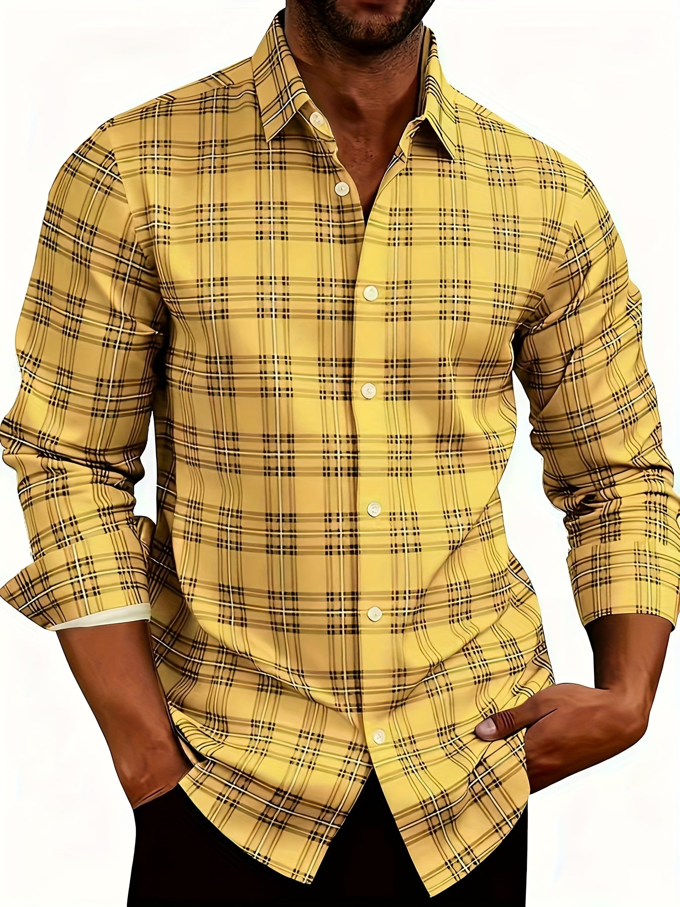 White Smoke Men'S Plaid Long-Sleeve Shirt with 3D Digital Printing, Suitable for Casual Outings, Entertainment, And Gatherings