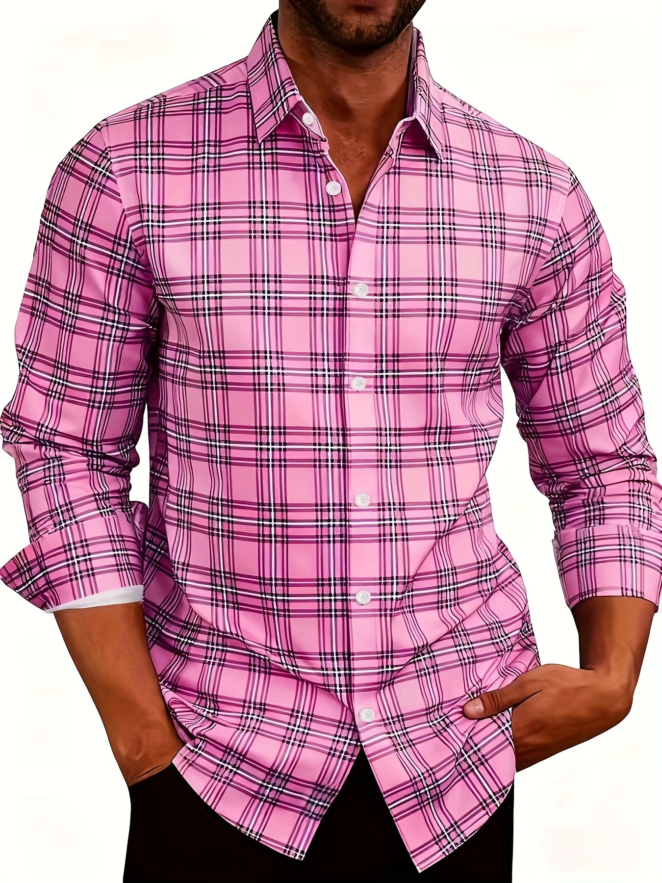 White Smoke Men'S Plaid Long-Sleeve Shirt with 3D Digital Printing, Suitable for Casual Outings, Entertainment, And Gatherings