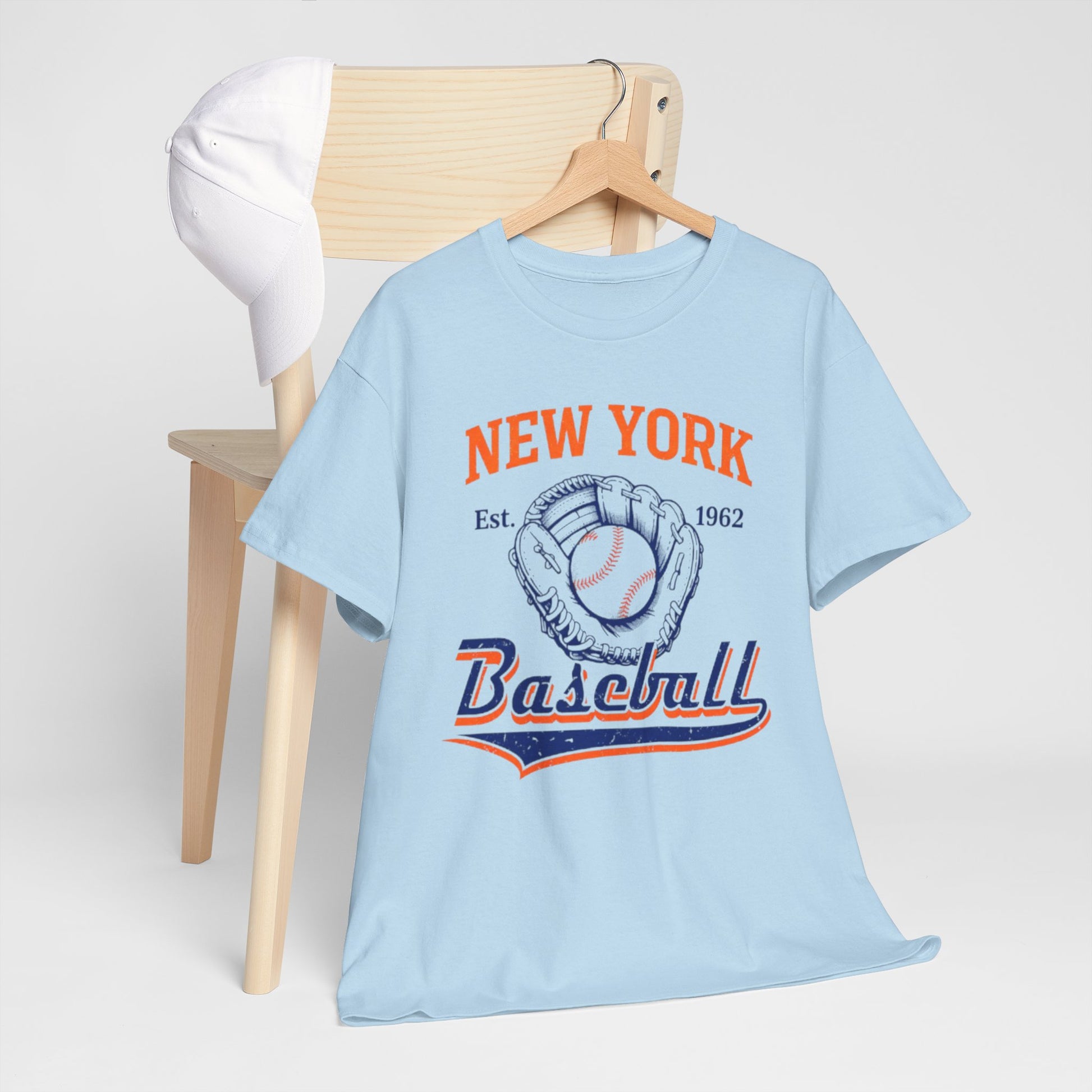 Light Blue New York Baseball Vintage Tee — Retro Glove & Ball Graphic T-Shirt