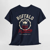 Navy blue t-shirt with 'Buffalo New York' text and graphics on a light gray background