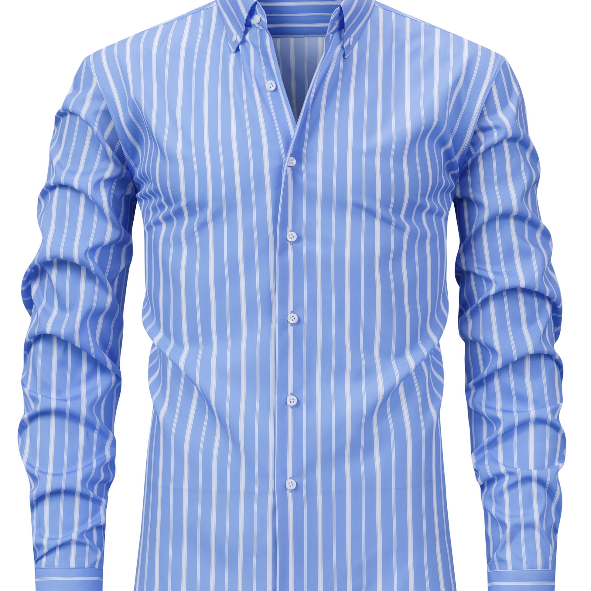 Sky Blue Men's New Thin Digital Print Striped Long Sleeve Shirt, Wrinkle-, No Ironing, Versatile Fashion Date Shirt