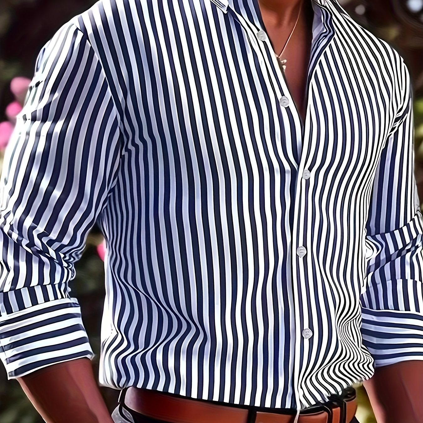 Dark Gray Men's Casual Striped Long Sleeve Shirt -  and White Vertical Pattern, Button- Collar Design, Non-Stretch Fabric, Suitable for Casual Attire, All Seasons | Fitted Cut
