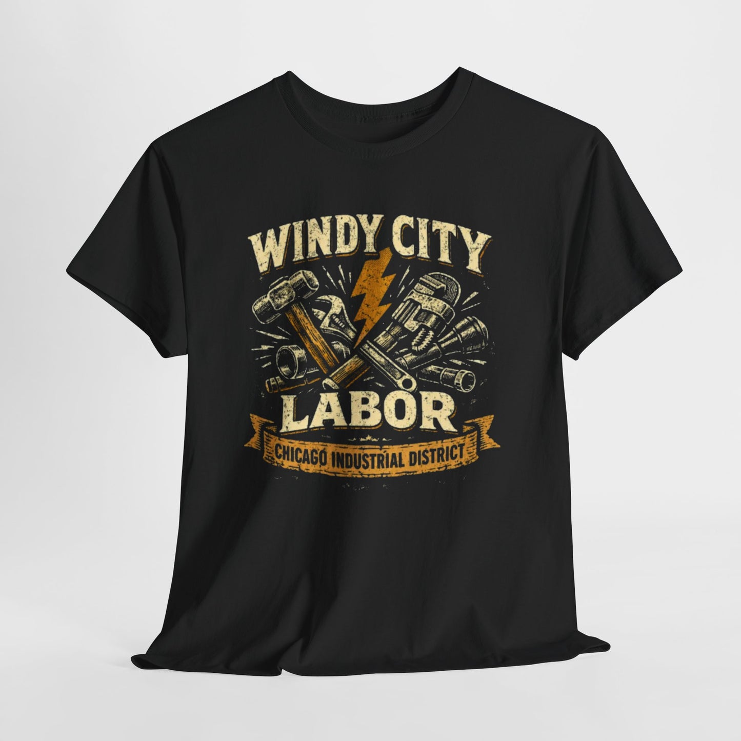 Dark Slate Gray Windy City Labor Chicago Industrial District T-Shirt – Vintage Worker Tools Graphic Tee
