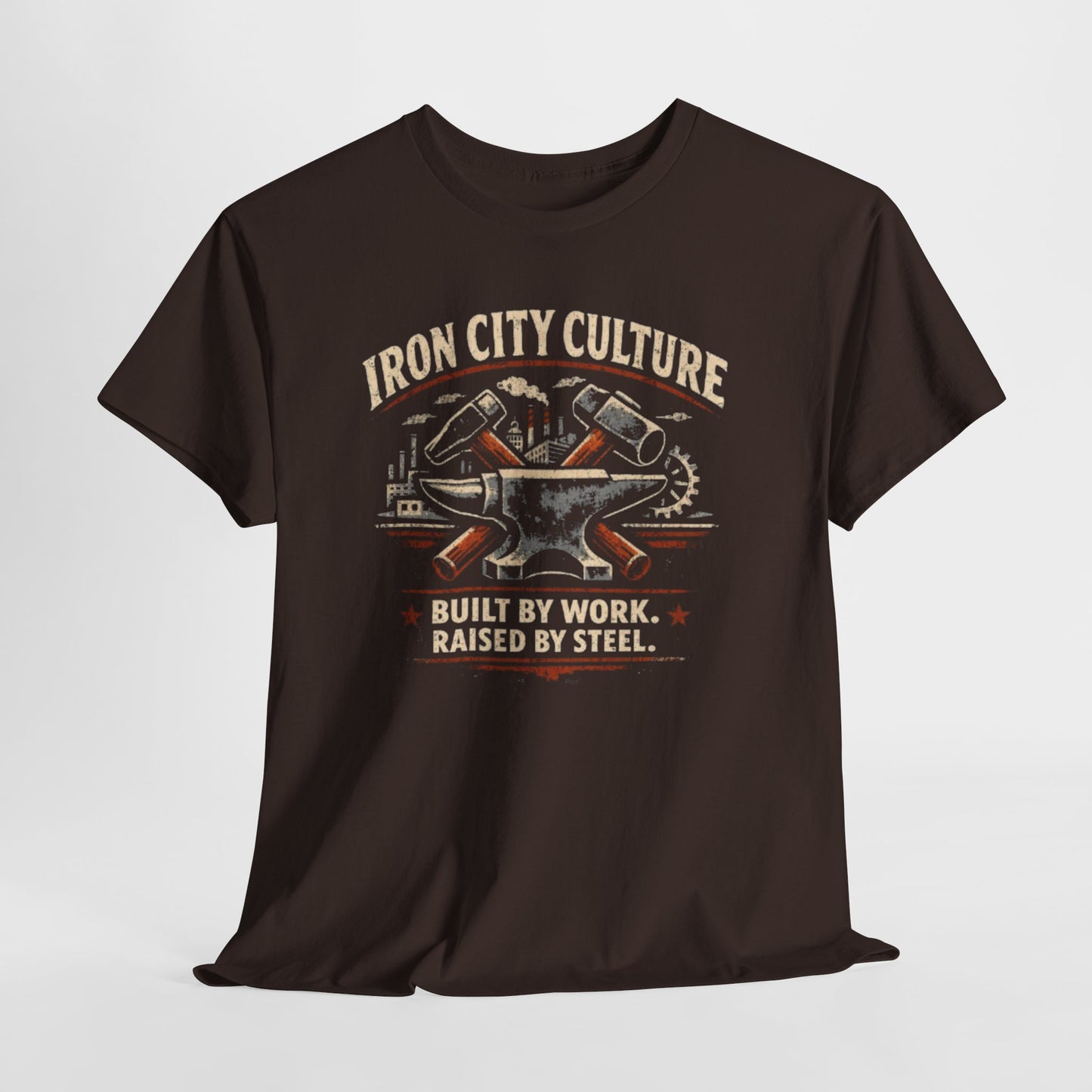 Dark Slate Gray Iron City Culture Built by Work Raised by Steel T-Shirt – Industrial Worker Vintage Graphic Tee