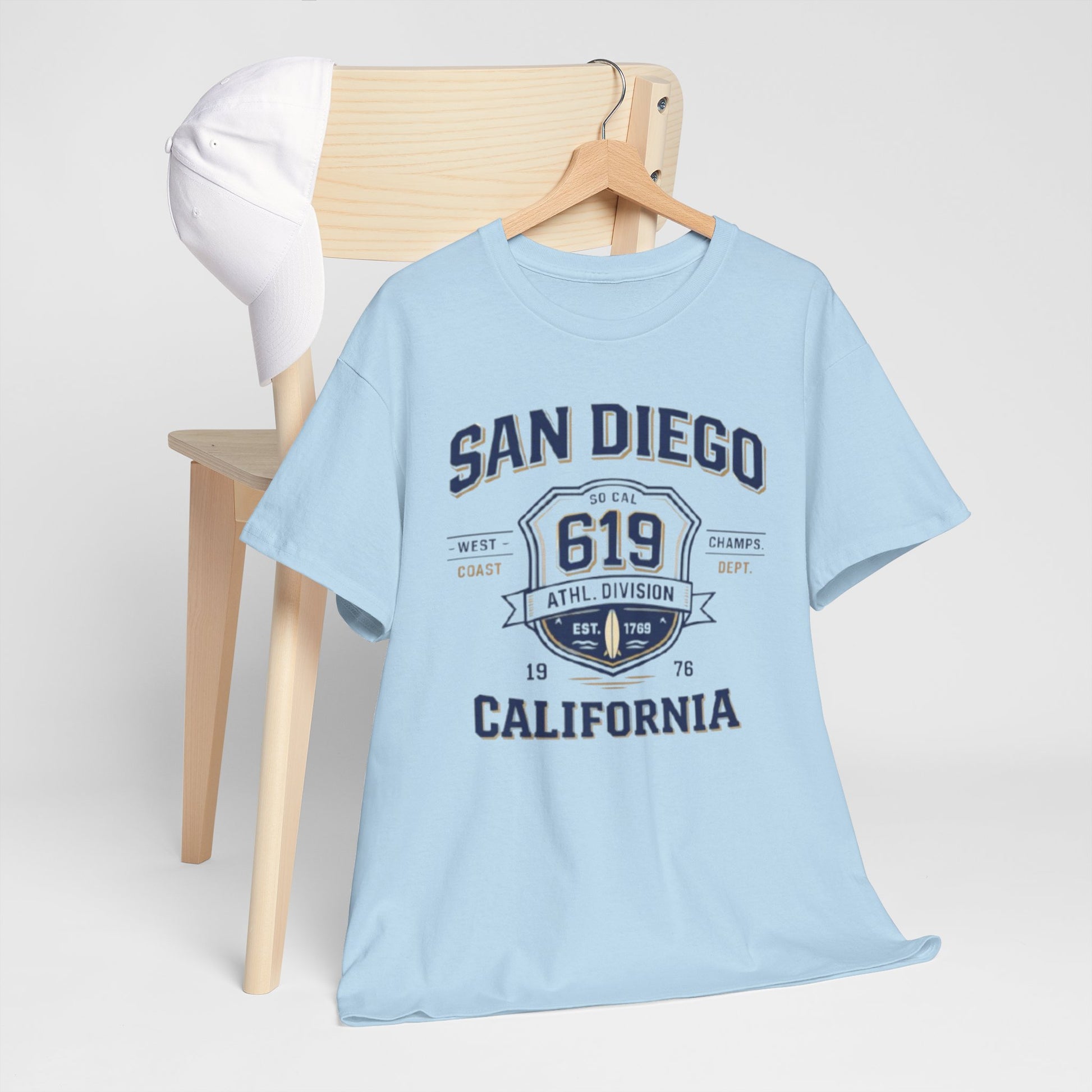 Light Blue San Diego 619 California Tee — Vintage Athletic City T‑Shirt