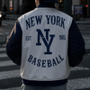 New York Baseball Varsity Jacket – Vintage Blue and White Streetwear Bomber Jacket