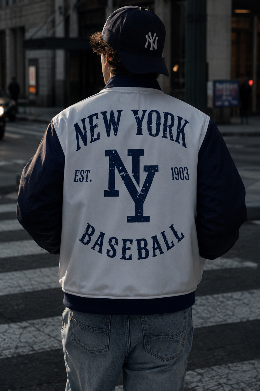 New York Baseball Varsity Jacket – Vintage Blue and White Streetwear Bomber Jacket