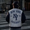 New York Baseball Varsity Jacket – Vintage Blue and White Streetwear Bomber Jacket