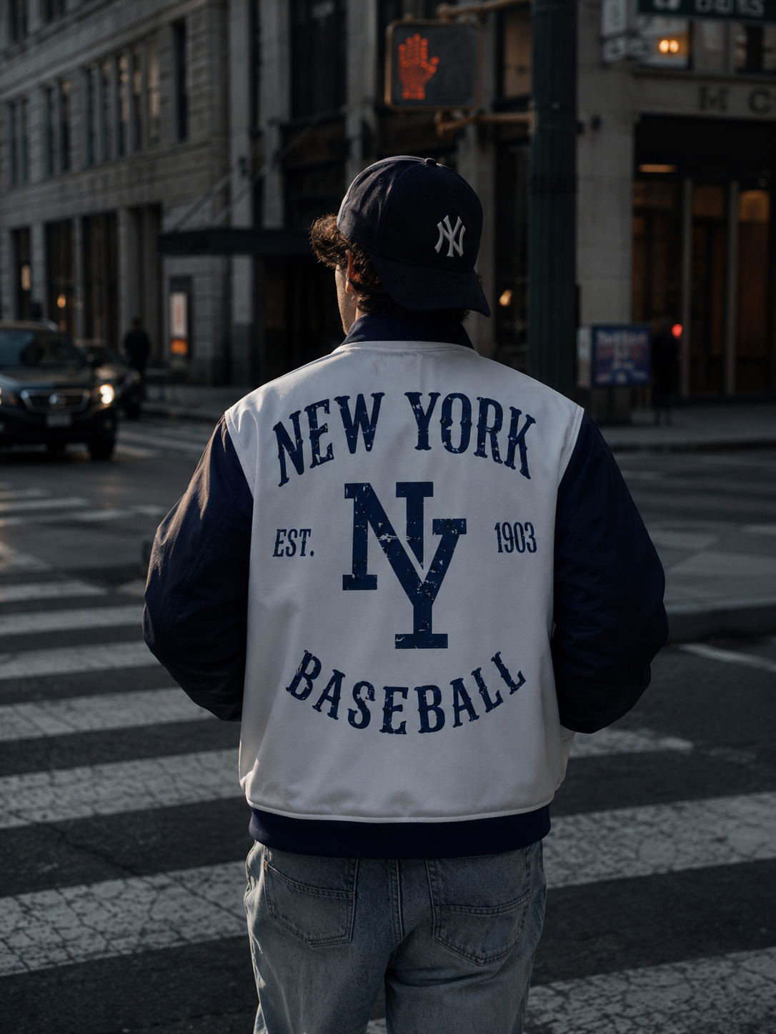 New York Baseball Varsity Jacket – Vintage Blue and White Streetwear Bomber Jacket streetwear fashion product image 3